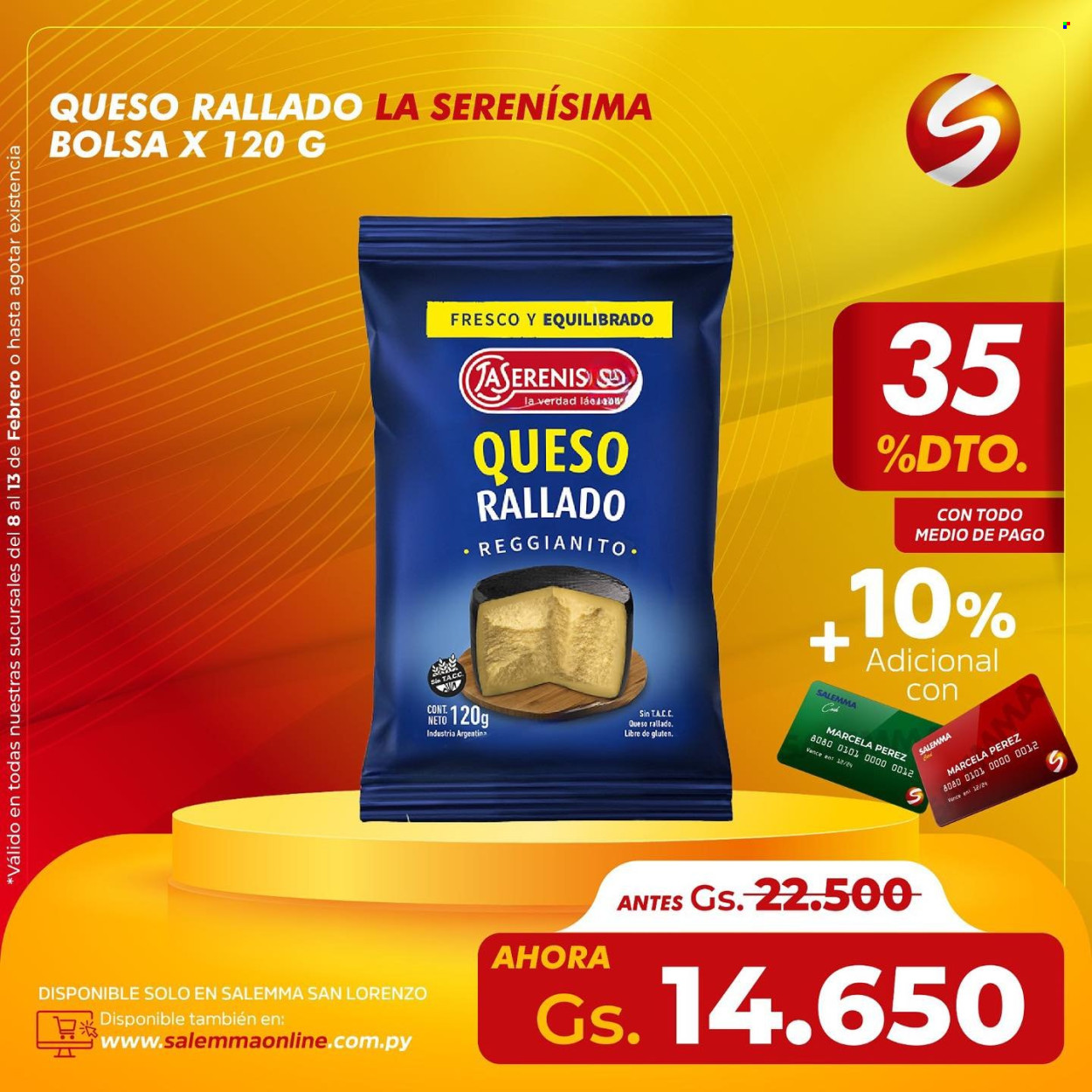 Folleto actual Salemma Supermercado - 8.2.2024 - 13.2.2024 - Ventas - queso, La Serenísima, queso rallado, Reggianito. Página 8.
